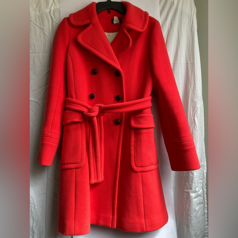 Beautiful J Crew wool topcoat/pea coat, red/red orange with sash, size 8